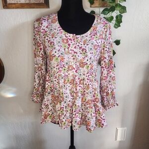 Jane and Delancey Pink Floral Ruffle Babydoll Blouse Size Small